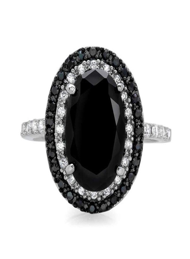 AZQ 925 Sterling Silver Shiny Full Diamond Ring Oval Cut Black Onyx Marcasite White Cubic Zirconia Rings CZ Cocktail Rings Eternity Engagement Wedding Band Ring for women TZ.36 (US Code 7) - Image 2